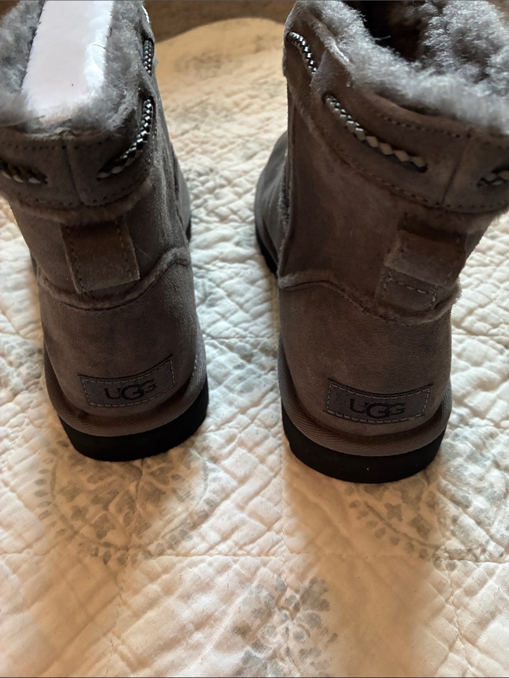 UGG Short Suede Boots in Grey with Fleece Trim - Picture 2 of 5